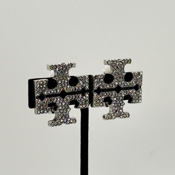 Tory Burch Silver T Logo Large  Crystal Clip-On Earrings - Picture 2 of 5